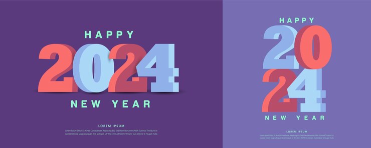 Feliz año nuevo 2024 con plantilla de diseño a todo color retro 3D celebración del año nuevo 2024