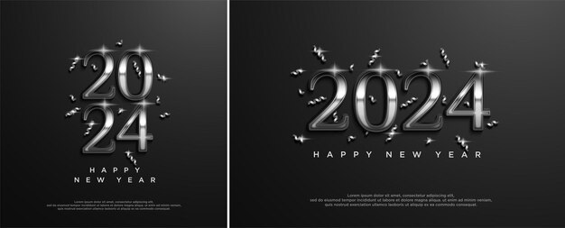 Feliz año nuevo 2024 plateado con elegantes números en 3D.