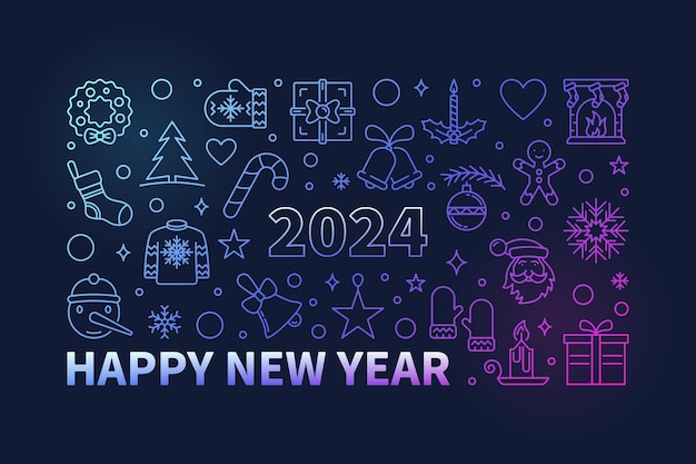 Feliz Año Nuevo 2024 Tarjeta de felicitación coloreada o pancarta horizontal o ilustración lineal vectorial