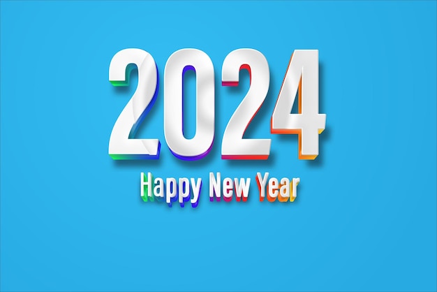 Feliz año nuevo 2024 Texto cinematográfico 3D del resplandor del arco iris para pancarta o póster