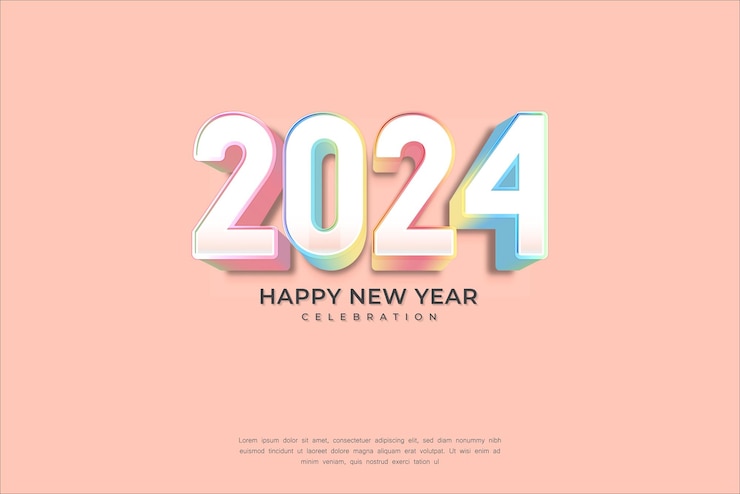 Vector feliz año nuevo 2024 texto cinematográfico 3d del resplandor del arco iris para pancarta o póster