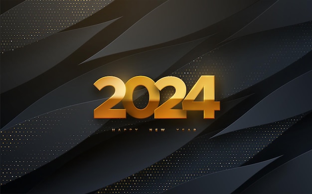 Feliz año nuevo 2024 vector ilustración navideña números dorados 2024 sobre fondo negro texturizado con brillos brillantes banner de evento festivo diseño de portada moderna