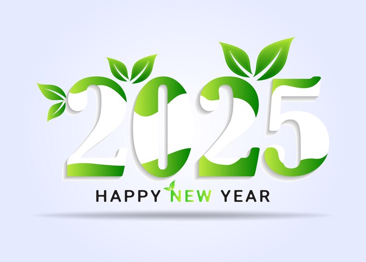 Feliz año nuevo 2025 caligrafía diseño de hojas verdes naturales