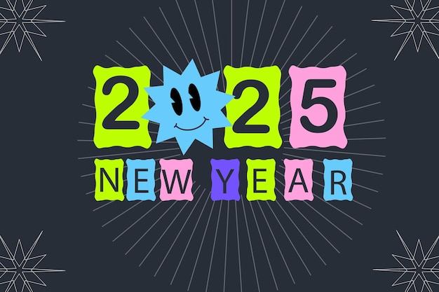 Feliz Año Nuevo 2025 Cartel en estilo Brutalismo Retro Y2K Stickers Vibes 70s Historias plantilla de publicación