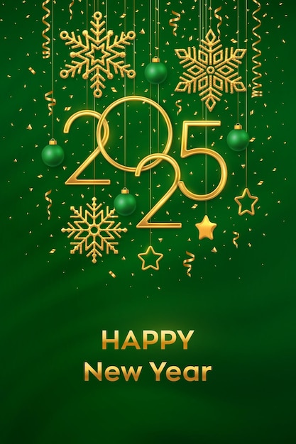 Feliz Año Nuevo 2025 Colgando números metálicos dorados 2025 con copos de nieve brillantes estrellas metálicas 3D bolas y confeti en fondo verde plantilla de tarjeta de felicitación o pancarta de Año Nuevo Vector