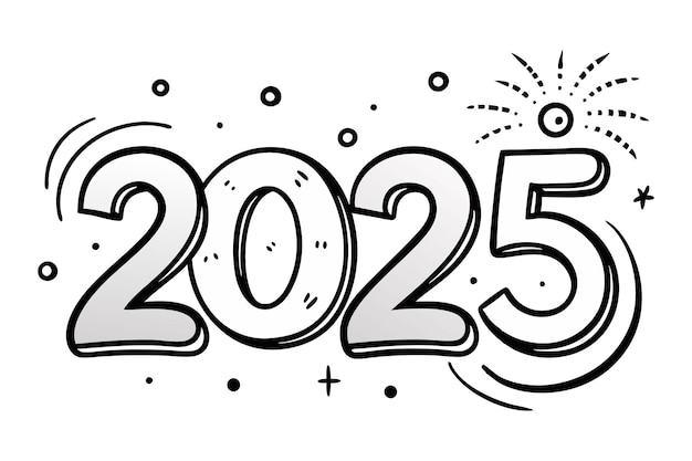Feliz año nuevo 2025 contorno ilustración vectorial plana en fondo blanco