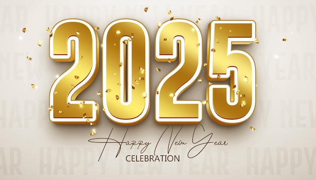 Feliz año nuevo 2025 decoración festiva realista elegante número de oro con confeti de oro