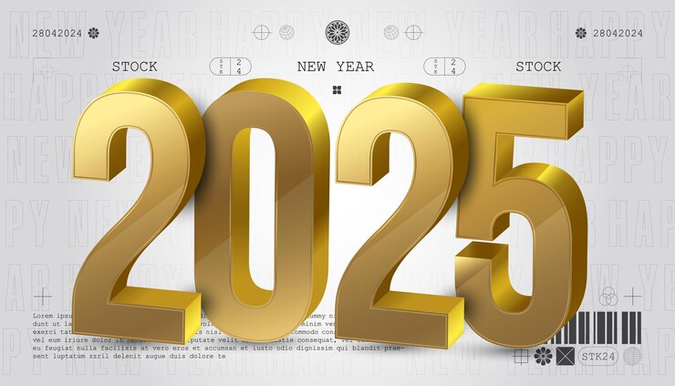 Vector feliz año nuevo 2025 decoración festiva realista número elegante para celebrar el calendario de la fiesta 2025