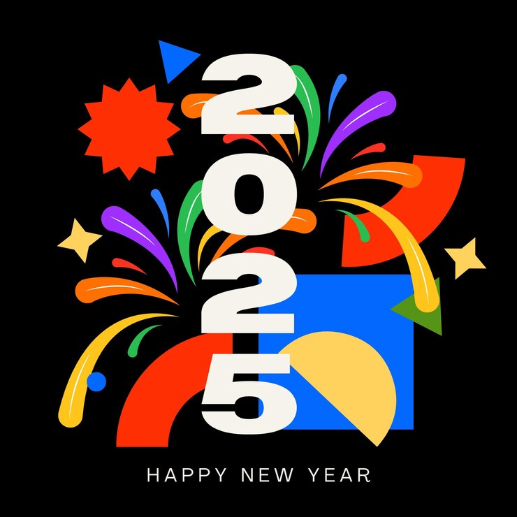 Feliz año nuevo 2025 Diseño gráfico festivo con fuegos artificiales y celebración
