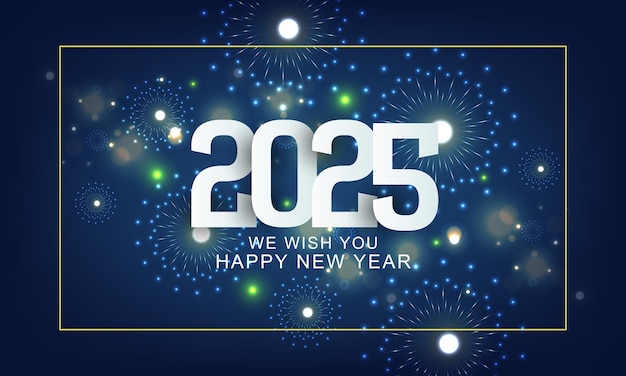 Feliz año nuevo 2025 diseño de tarjeta de felicitación 2025 texto con explosiones de fuegos artificiales