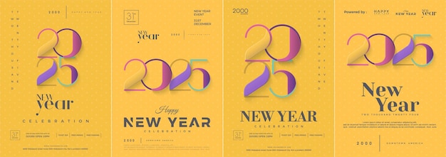 Feliz año nuevo 2025 diseño vectorial de póster con números coloridos en fondo amarillo diseño premium único moderno y limpio