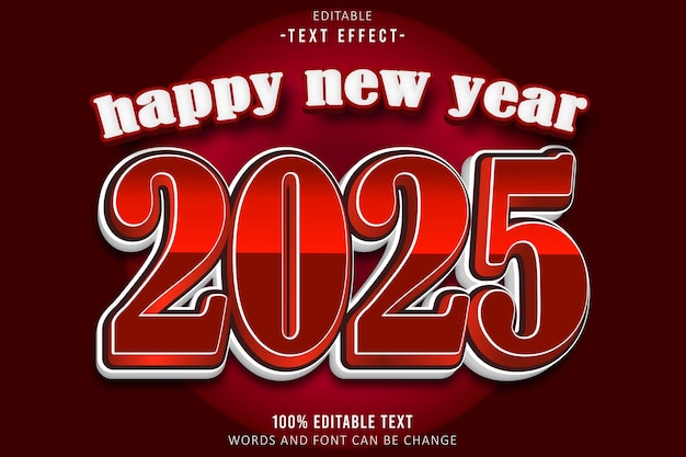 Feliz año nuevo 2025 efecto de texto editable estilo de dibujos animados en relieve 3D