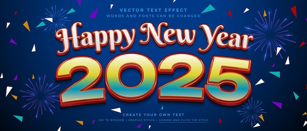 Feliz año nuevo 2025 efecto de texto estilo gráfico vectorial