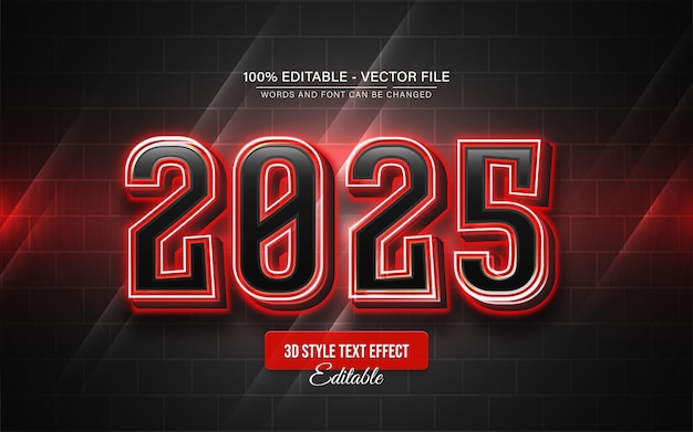 Feliz año nuevo 2025 efecto de texto de luz de neón rojo editable