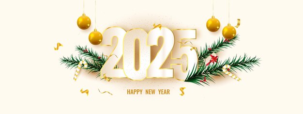 Feliz Año Nuevo 2025 Fondo con adornos navideños festivos