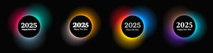 Vector feliz año nuevo 2025 inscripción en el marco de luz del círculo