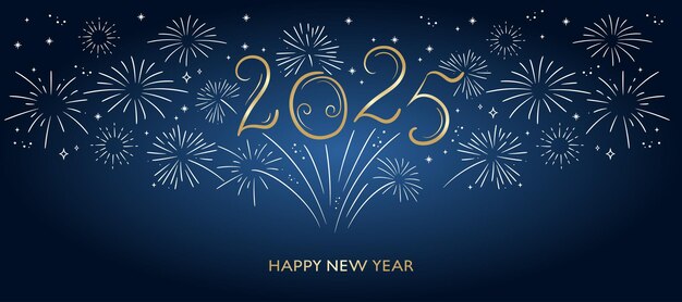 Feliz Año Nuevo 2025 Letras doradas y blancas y fuegos artificiales sobre fondo azul