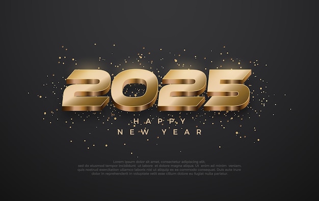Feliz año nuevo 2025 Lujo con un suave color dorado y brillo dorado en el fondo negro Diseños vectoriales reversibles para el Feliz Año Nuevo 2025 saludos y celebraciones