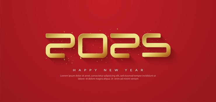 Feliz año nuevo 2025 con número dorado en fondo rojo