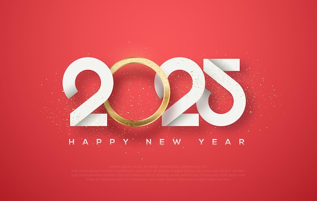 Vector feliz año nuevo 2025 con números y bandas doradas brillantes luce brillante de fondo rojo diseño vectorial premium para feliz año nuevo 2025 saludos y celebraciones