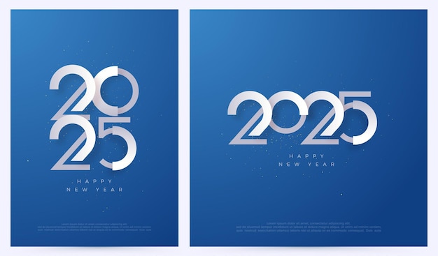 Feliz año nuevo 2025 con números blancos cortados en pedazos sobre un fondo azul Diseño premium para saludos de año nuevo para pancartas, carteles o redes sociales y calendarios