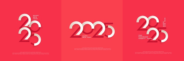 Feliz año nuevo 2025 por números ilustración en estilo de corte de papel en blanco sobre un fondo rojo Diseño para banner de cartel de felicitación o impresión de calendario