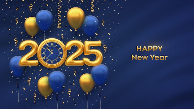 Feliz Año Nuevo 2025 Números metálicos dorados 2025 Ver la cuenta atrás hasta la medianoche Balones de helio festivos sobre fondo azul Tarjeta de felicitación de Año Nuevo Xmas Invitación a una fiesta Ilustración vectorial