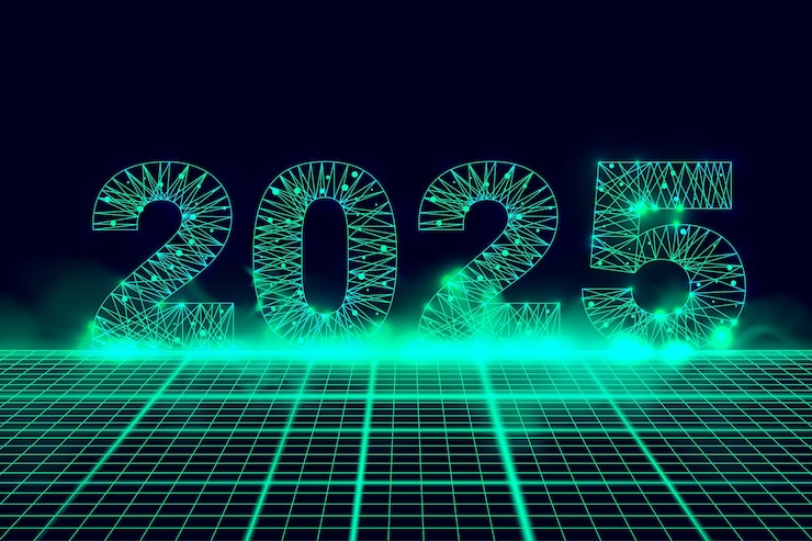 Vector feliz año nuevo 2025 números de tarjetas de felicitación de una malla de marco de alambre poligonal con humo verde
