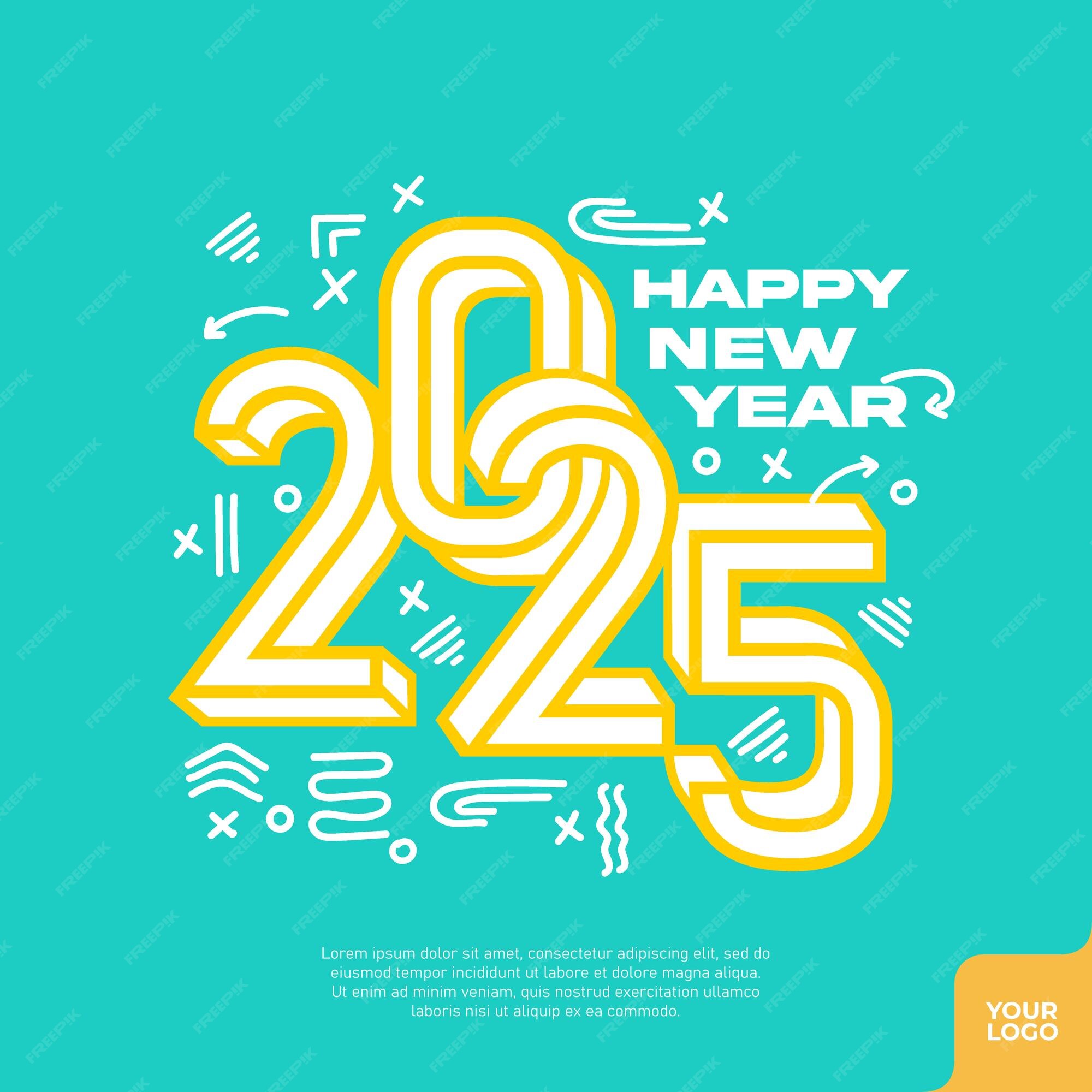Feliz año nuevo 2025 plantilla cuadrada con estilo de número dibujado a