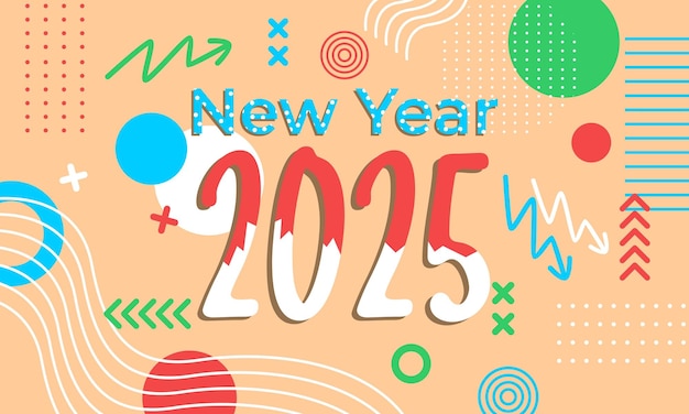 Feliz año nuevo 2025 plantilla de tarjeta de felicitación Tipografía de moda con patrón geométrico hipster en Mem