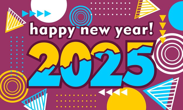 Feliz año nuevo 2025 plantilla de tarjeta de felicitación Tipografía de moda con patrón geométrico hipster en Mem