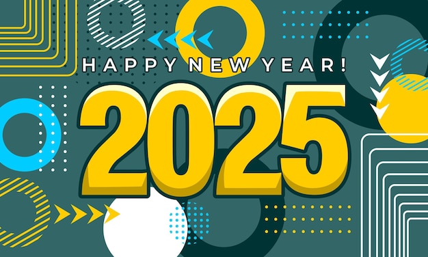 Feliz año nuevo 2025 plantilla de tarjeta de felicitación Tipografía de moda con patrón geométrico hipster en Mem
