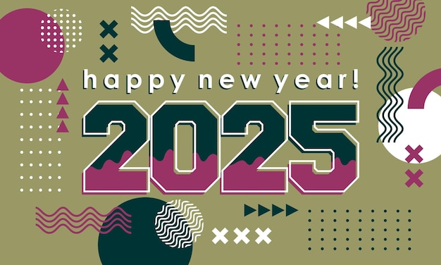 Feliz año nuevo 2025 plantilla de tarjeta de felicitación Tipografía de moda con patrón geométrico hipster en Mem