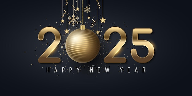 Feliz año nuevo 2025 portada Números dorados con decoración navideña y confeti en fondo oscuro Tarjeta de felicitación festiva para su diseño Vector