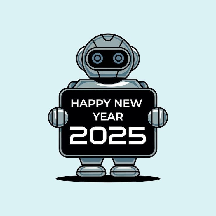Vector feliz año nuevo 2025 robot feliz año nuevo casa de software de robots de inteligencia artificial feliz año nuevo