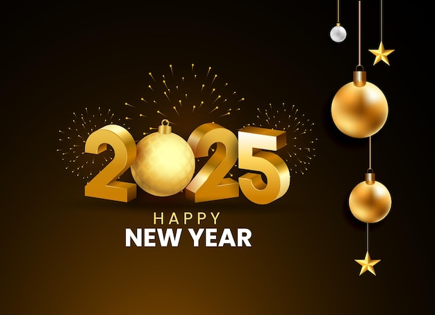 Feliz año nuevo 2025 texto dorado en 3D con fondo de Navidad