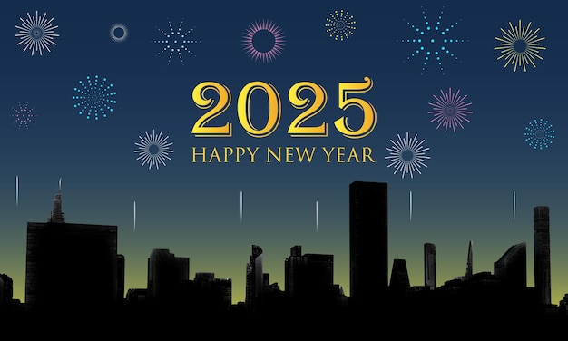 Feliz año nuevo 2025 texto logotipo arte cartel portada fuegos artificiales modernos exhibición paisaje urbano año nuevo festivo