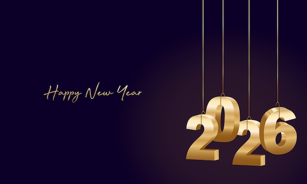 Feliz Año Nuevo 2026 Colgando números 3D dorados con fondo negro
