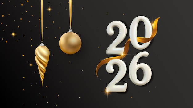Feliz Año Nuevo 2026 Número realista en 3D Bandera de cinta de oro Fondo Invitación de felicitación Tarjeta de lujo