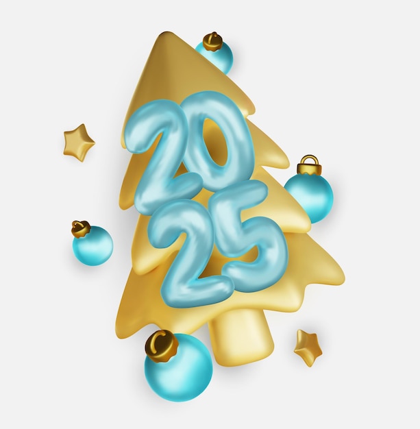 Feliz año nuevo árbol de Navidad realista y número de metal d hacer signo metálico celebrar la fiesta