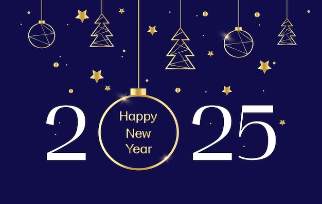 Feliz año nuevo bandera horizontal número 2025 con oro una guirnalda de bolas de oro