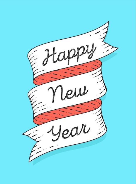 Feliz año nuevo. Banner de cinta en estilo grabado con ilustración de texto