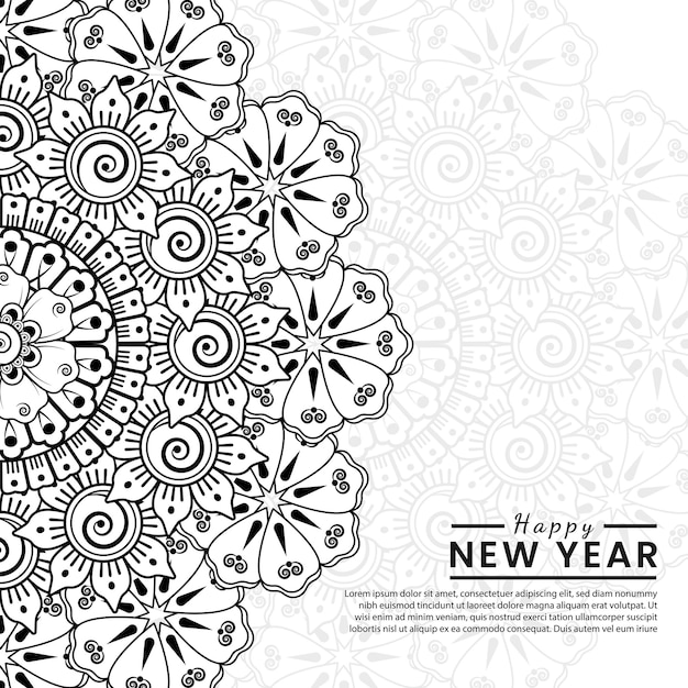 Feliz año nuevo banner o plantilla de tarjeta con flor mehndi