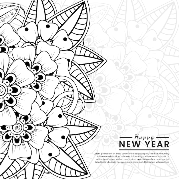 Feliz año nuevo banner o plantilla de tarjeta con flor mehndi