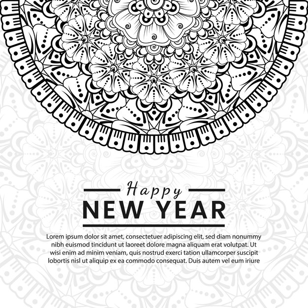 Feliz año nuevo banner o plantilla de tarjeta con flor mehndi