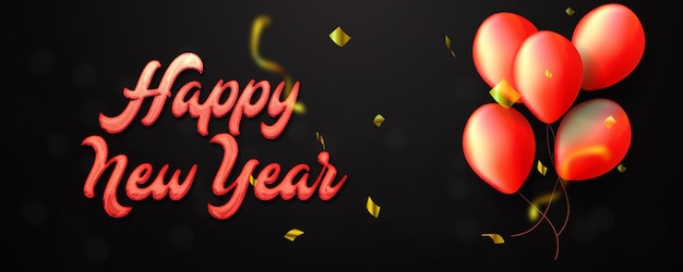 Feliz año nuevo banner web rojo con globos