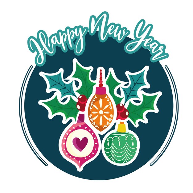 Feliz año nuevo bolas decorativas y adornos de bayas de acebo