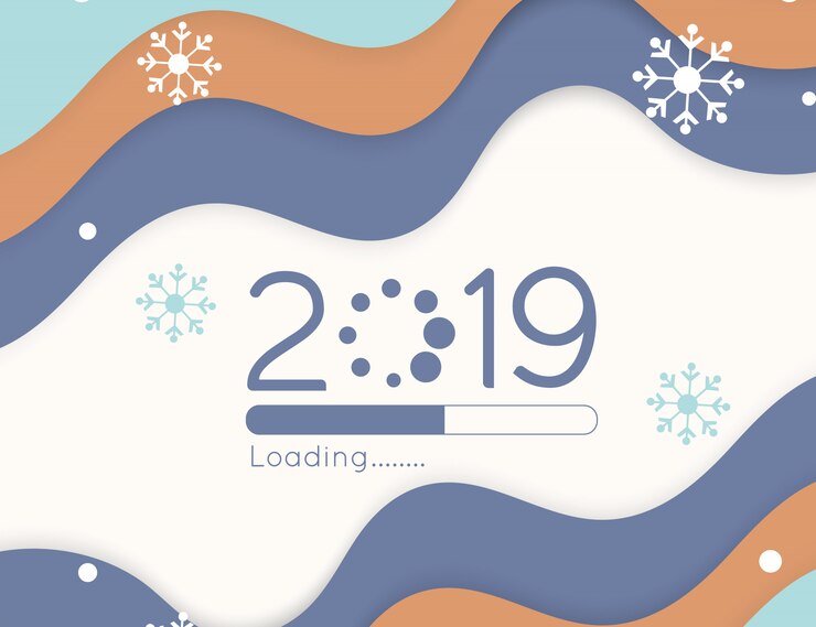 Vector feliz año nuevo carga progreso pronto 2019 barra de corte de papel de onda de color suave y caída de nieve