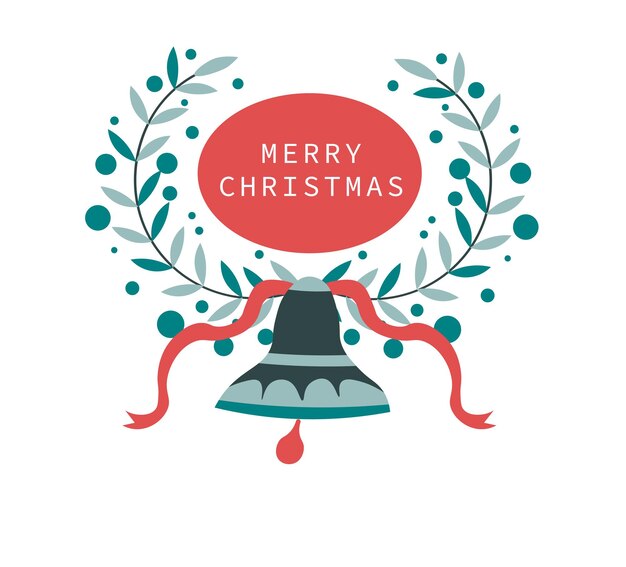 Feliz año nuevo y casarte en navidad. Timbre de campana con cinta decorativa y corona, follaje de hoja perenne y ramas. Postal de Navidad, tarjeta con saludos para las vacaciones de invierno. Vector en estilo plano