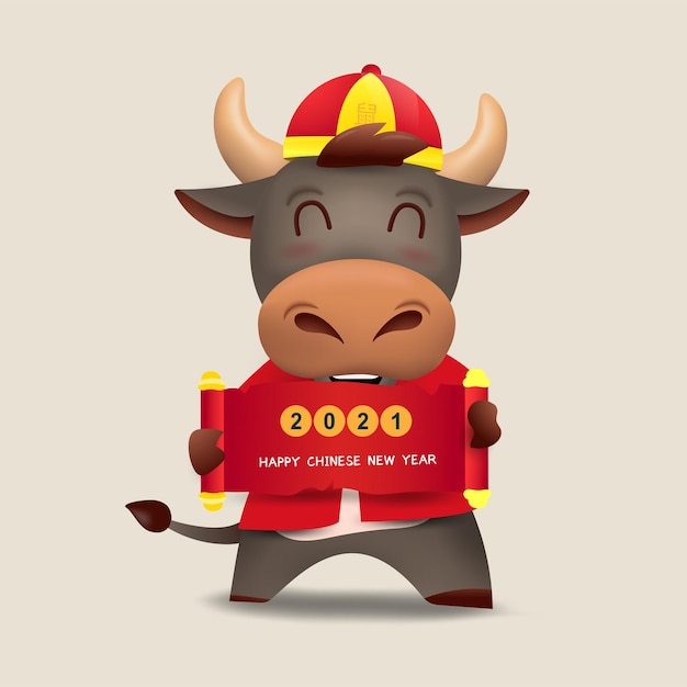 Vector feliz año nuevo chino 2021 zodíaco del buey. lindo personaje de vaca en traje rojo.